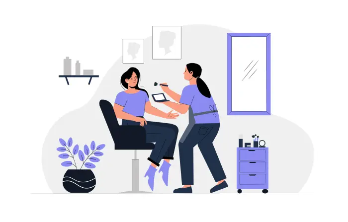 Woman Is Seated in a Beauty Parlor While a Girl Is Doing Her Makeup Flat Character Illustration image
